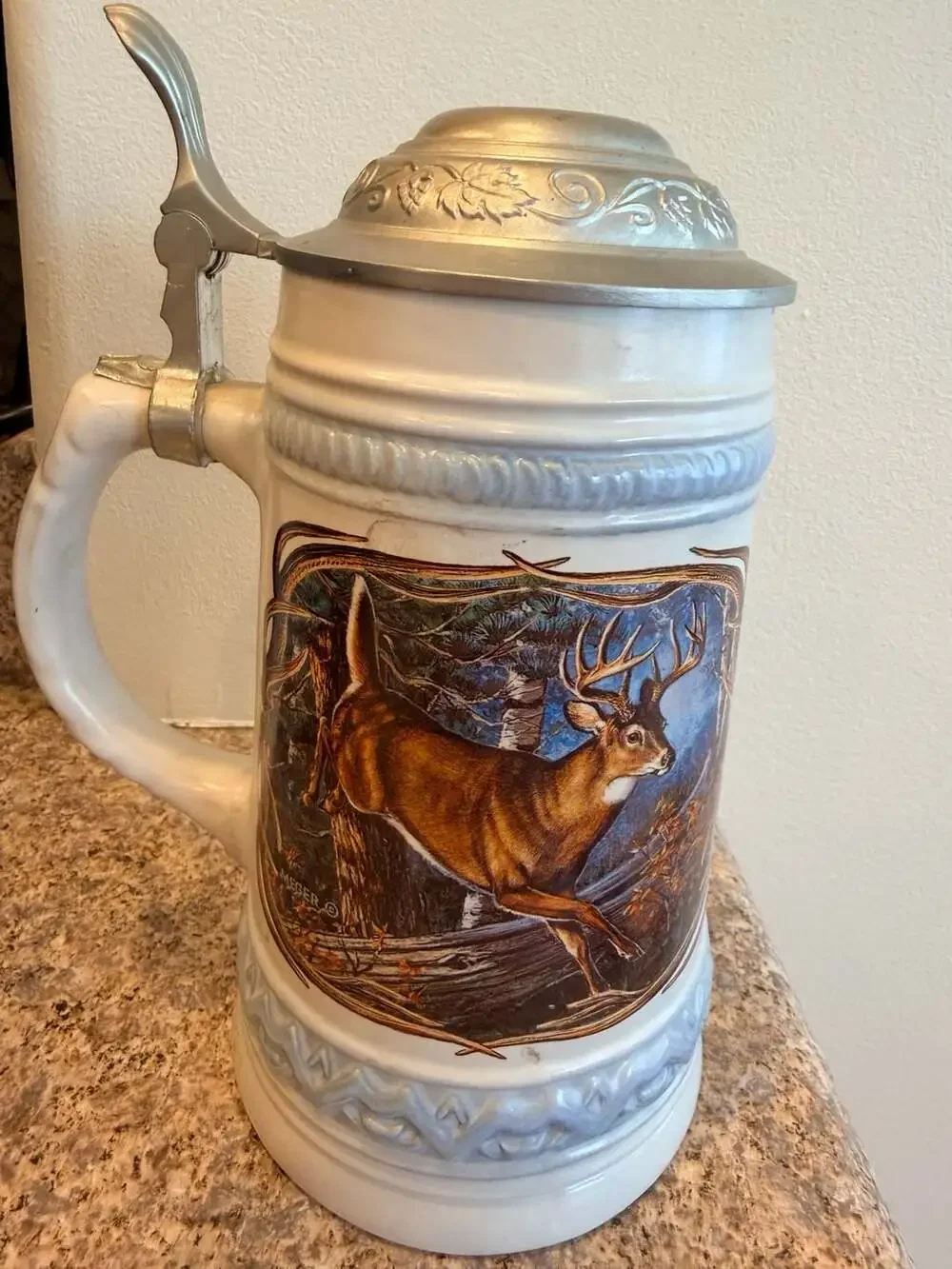 James Meger White Tail Deer II Stein Gerz Germany Pewter Lid